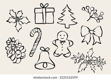 Set of hand drawn Christmas icons. Xmas illustrations for invitations, cards, decor, gifts. Vector.