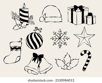 Set of hand drawn Christmas icons. Xmas illustrations for invitations, cards, decoration, gifts. Vector.