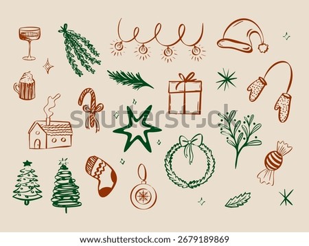 Set of hand drawn Christmas illustrations with different elements, gifts, Xmas tree, toys, Santa Claus hat and socks. Vector New Year illustrations for design, invitations, cards and posters