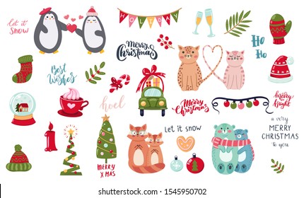 Set Hand drawn Christmas and New Year elements. Funny stickers couple bear, penguine, cats  winter knitted hat peppermint lollipops, mug with hot chocolate, traditional Christmas mittens, socks