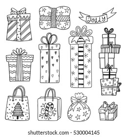 Set Of Hand Drawn Christmas And New Year Gift Boxes