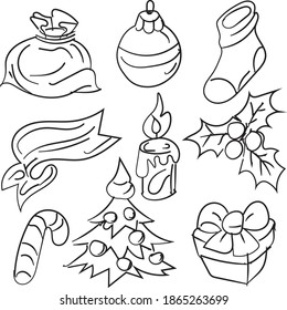 set of hand drawn christmas objects