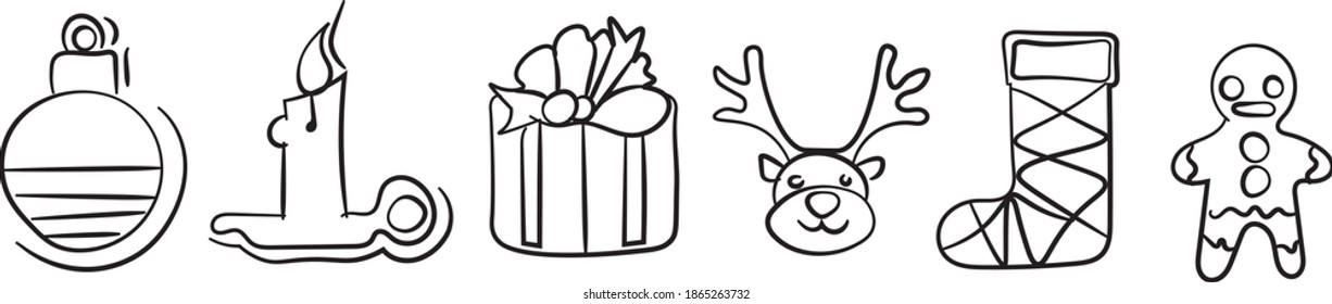 set of hand drawn christmas objects