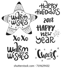 Set of hand drawn Christmas phrases and words. Cute New Year lettering collection. Vector illustration.