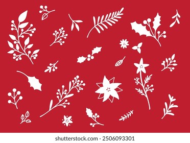 Set of hand drawn christmas plant silhouettes