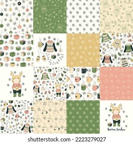 Set of hand drawn Christmas seamless patterns and objects - sweater, mittens, snowflakes, gifts, mug of tea, and winter illustration with character - cute child in a hat with deer antlers