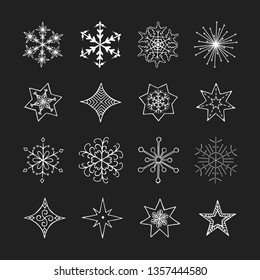 Set of hand drawn christmas snowflakes and stars. Vector winter elements for gift cards, holiday invitation. 