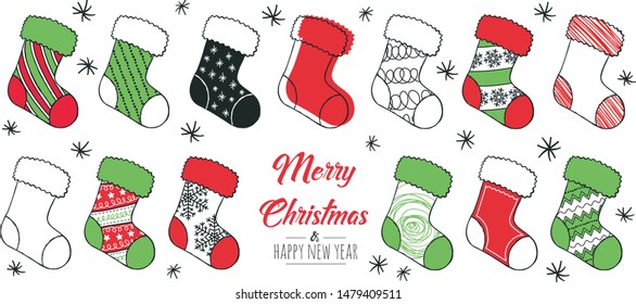 
Set of hand drawn christmas sock. Decoration isolated elements . Doodles and sketches vector illustration