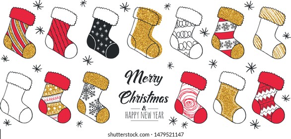 
Set of hand drawn christmas sock. Decoration isolated elements . Doodles and sketches vector illustration