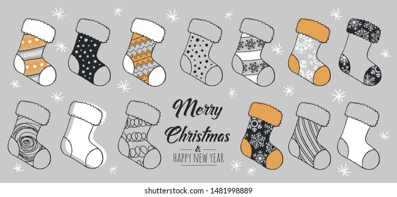  Set of hand drawn christmas sock. Decoration isolated elements . Doodles and sketches vector illustration
