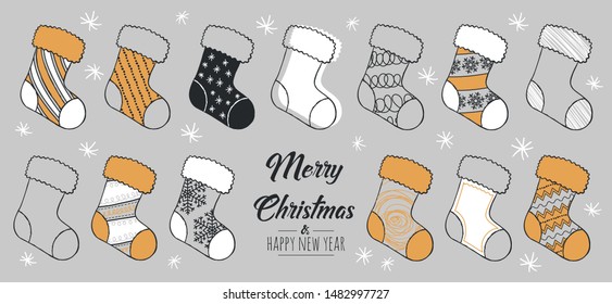  Set of hand drawn christmas sock. Decoration isolated elements . Doodles and sketches vector illustration
