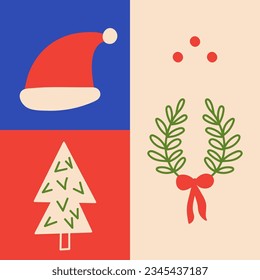 Set of hand drawn Christmas symbol element illustrations. Santa hat, tree, wreath with bow vector icon. Holiday card, poster