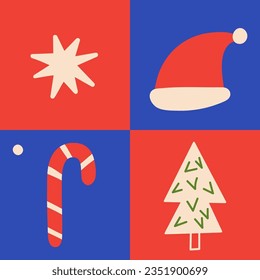 Set of hand drawn Christmas symbol element illustrations. Candy cane, Santa hat, star, tree vector icon. Holiday card, poster