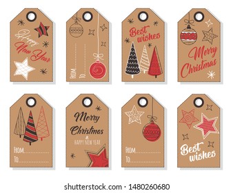 Set of hand drawn christmas tags. Decoration isolated elements. Doodles and sketches vector illustration