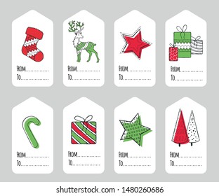 Set of hand drawn christmas tags. Decoration isolated elements. Doodles and sketches vector illustration