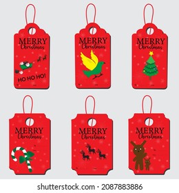 Set of hand drawn Christmas tags. Vector linear design Christmas greetings elements on red background.