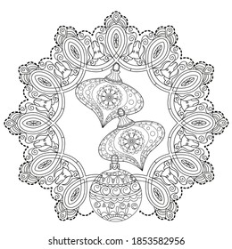 Set of hand drawn Christmas toys. Doodle style christmas coloring book. Antistress freehand sketch drawing with doodle and zentangle elements.