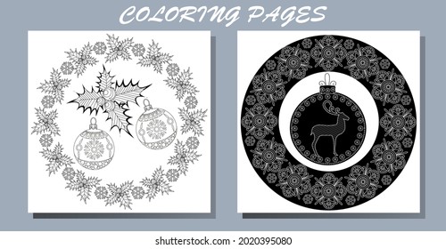 Set of hand drawn Christmas toys. Doodle style christmas coloring book. Antistress freehand sketch drawing with doodle and zentangle elements. Holiday christmas stickers. Cute Christmas background for