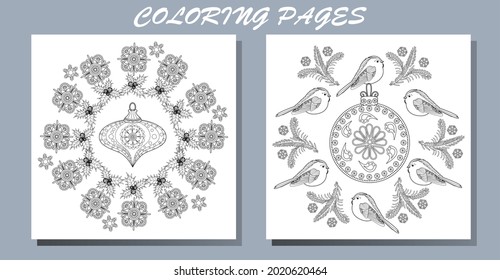 Set of hand drawn Christmas toys. Doodle style christmas coloring book. Antistress freehand sketch drawing with doodle and zentangle elements. Holiday christmas stickers. Cute Christmas background for