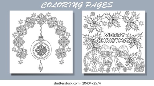 Set of hand drawn Christmas toys. Doodle style christmas coloring book. Antistress freehand sketch drawing with doodle and zentangle elements. Holiday christmas stickers.