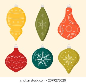 Set of hand drawn Christmas toys. Xmas glass toy. Holiday decoration template. Holiday christmas toy for fir tree. Vector illustration.