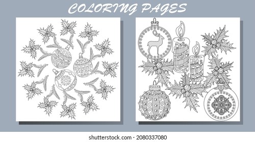 Set of hand drawn Christmas toys. Doodle style christmas coloring book. Antistress freehand sketch drawing with doodle and zentangle elements. Holiday christmas stickers. Cute Christmas background for