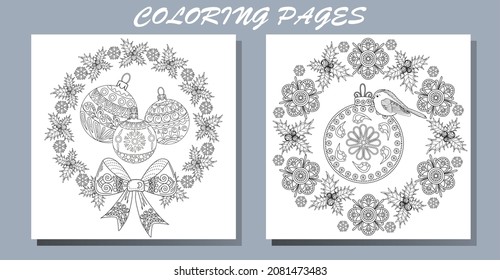 Set of hand drawn Christmas toys. Doodle style christmas coloring book. Antistress freehand sketch drawing with doodle and zentangle elements. Holiday christmas stickers. Cute Christmas background for