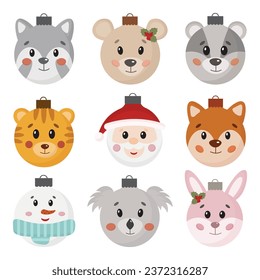 Set of hand drawn Christmas toys. Animals faces, Santa Claus, cute Christmas balls for kids. Xmas glass toy. Holiday Christmas toy for fir tree for cover, invitation, poster, banner, flyer, placard.