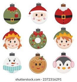 Set of hand drawn Christmas toys. Animals faces, Santa Claus, Elf, cute Christmas balls for kids. Xmas glass toy. Holiday Christmas toy for fir tree. Holiday decoration for covers, invitations