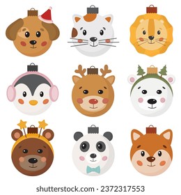 Set of hand drawn Christmas toys. Animals faces cute Christmas balls for kids. Xmas glass toy. Holiday Christmas toy for fir tree. Holiday decoration template for covers, invitations, posters, banners