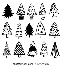 Set of hand drawn Christmas tree on white background. Holiday decoration isolated elements. Vector illustration. Use for Greeting, Scrap-booking, Congratulations, Invitations 