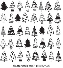 Set of hand drawn Christmas tree on white background. Holiday decoration isolated elements. Vector illustration. Use for Greeting, Scrap-booking, Congratulations, Invitations 