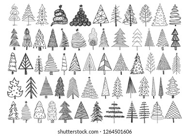 Set of hand drawn Christmas tree icons. 