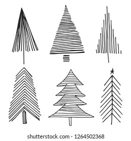 Set of hand drawn Christmas tree icons. 