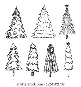 Set of hand drawn Christmas tree icons. 