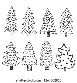 Set of hand drawn Christmas tree icons. 