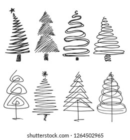 Set of hand drawn Christmas tree icons. 