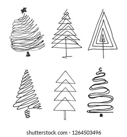 Set of hand drawn Christmas tree icons. 