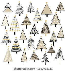 Set of hand drawn Christmas tree. Design elements for winter and holiday illustrations. Fir tree silhouettes. Vector illustration.