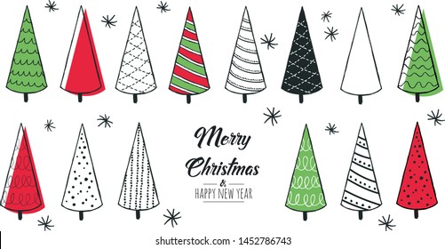 Set of hand drawn christmas tree. Decoration isolated elements. Greeting card red and green. Doodles and sketches vector illustration
