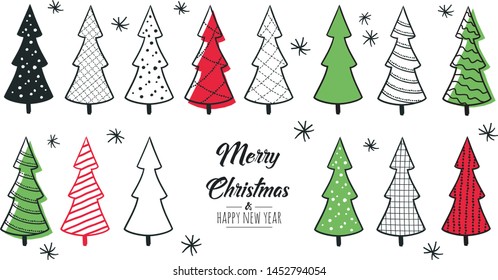 Set of hand drawn christmas tree. Decoration isolated elements. Greeting card red and green. Doodles and sketches vector illustration
