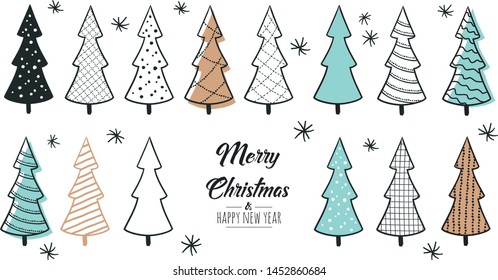 Set of hand drawn christmas tree. Decoration isolated elements. Doodles and sketches vector illustration