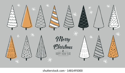 Set of hand drawn christmas tree. Decoration isolated elements. Doodles and sketches vector illustration 