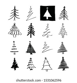 Set Of Hand Drawn Christmas Tree Logo For New Year Celebration