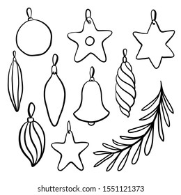 Set of hand drawn Christmas tree decorations isolated on white background. Christmas design elements. Vector illustration