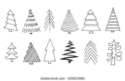 Set of hand drawn christmas tree. Outline doodle pine and fir. 