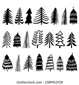 Set of hand drawn Christmas tree. Holiday decoration isolated elements. Vector illustration. Use for Greeting Scrap booking, Congratulations, Invitations