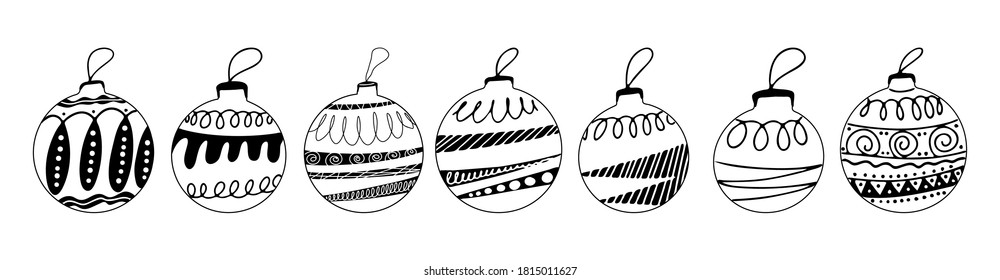 Set of hand drawn Christmas tree balls with doodle elements. Isolated on a white background.