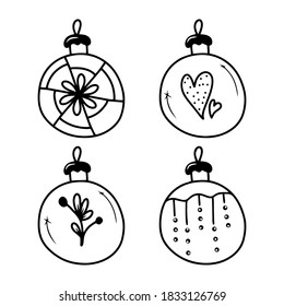Set of hand drawn christmas tree balls isolated on a white background. Doodle, simple outline illustration. It can be used for decoration of textile, paper and other surfaces.