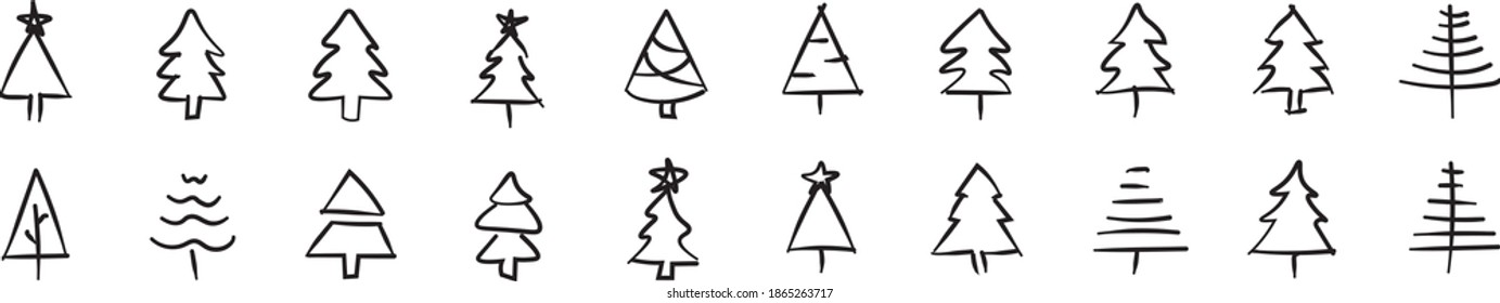 conjunto de esquema de árbol de navidad dibujado a mano.